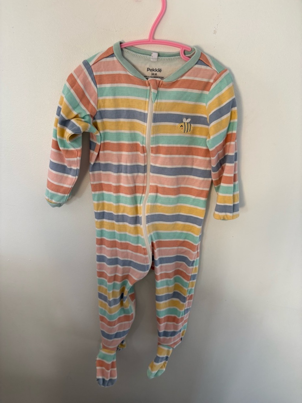 Pekkle Pastel Striped Footed Pajamas with Bee Embroidery 24 months
